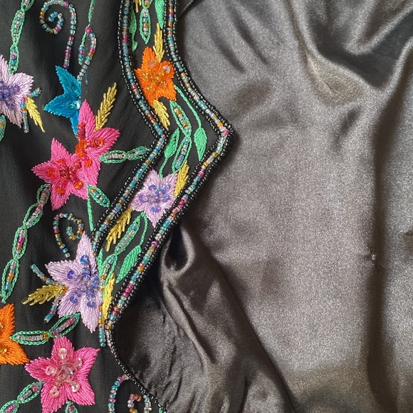 Scala Black Silk Multicolor Floral embroidered Beaded Vintage jacket size M - Picture 7 of 11